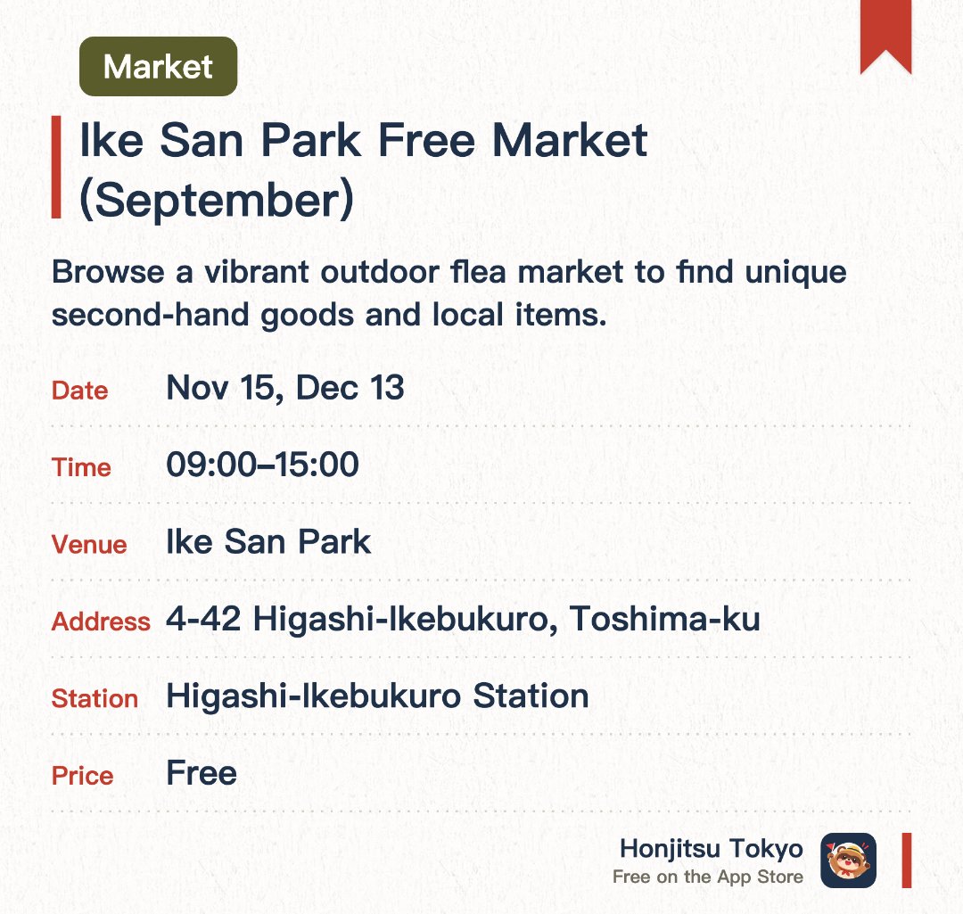 Ike San Park Free Market (September). Selected dates · next 15 Nov · Ike San Park. Browse a vibrant outdoor flea market to find unique second-hand goods and local items. Enjoy a relaxing shopping experience surrounded by the lush greenery of the park