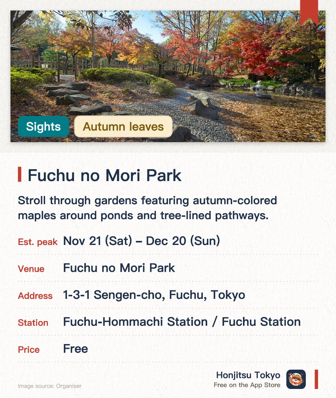 Fuchu no Mori Park. 21 Nov–20 Dec · Fuchu no Mori Park. Stroll through gardens featuring autumn-colored maples around ponds and tree-lined pathways.. Peak foliage from mid-November to mid-December, open 24 hours, ideal for leisurely walks.