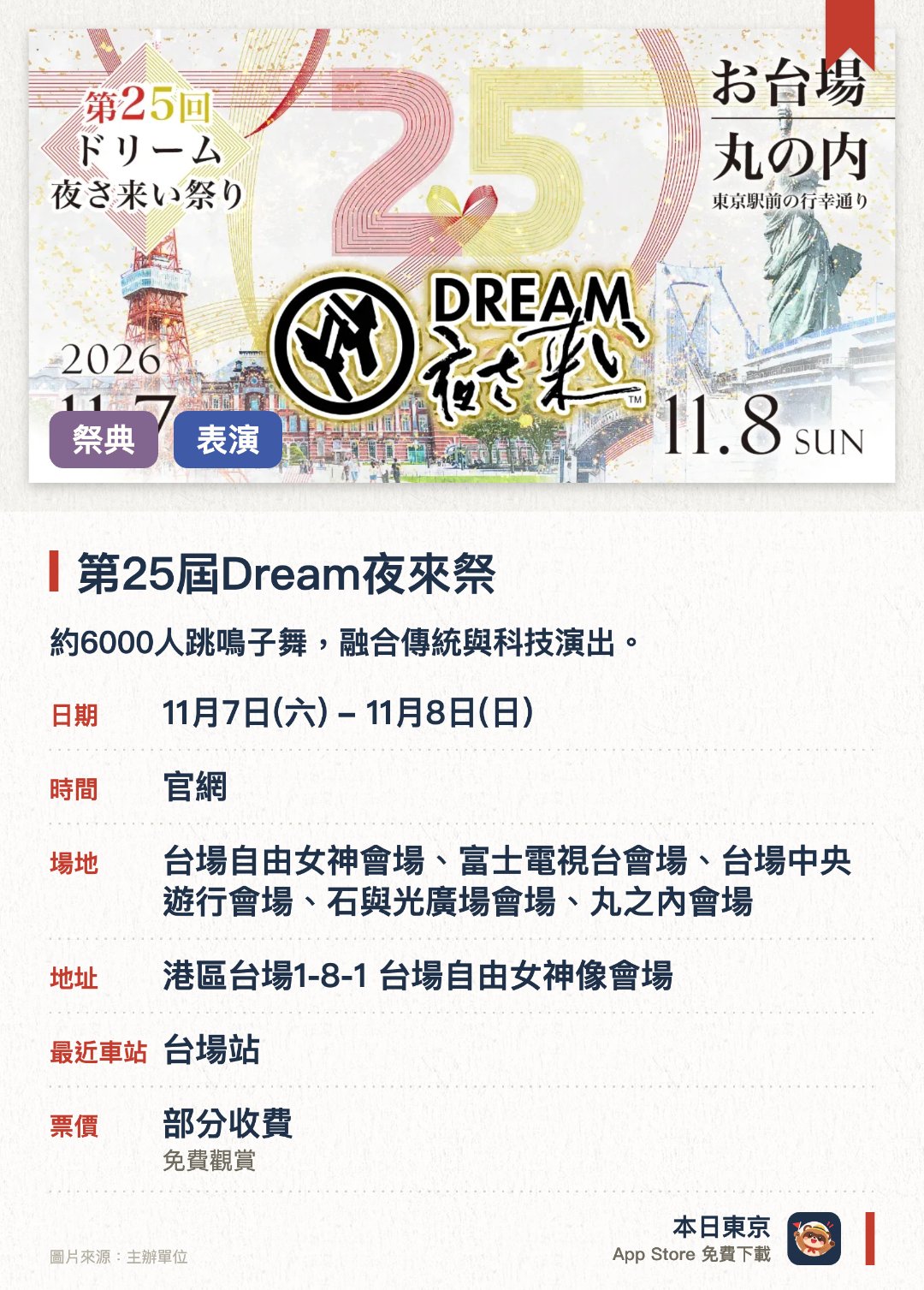 第25屆Dream夜來祭。11月7日–11月8日 · 台場自由女神會場、富士電視台會場、台場中央遊行會場、石與光廣場會場、丸之內會場。約6000人跳鳴子舞，融合傳統與科技演出。。可同步觀看YouTube直播；會場有噴泉、數位山車、投影、無人機等特效。