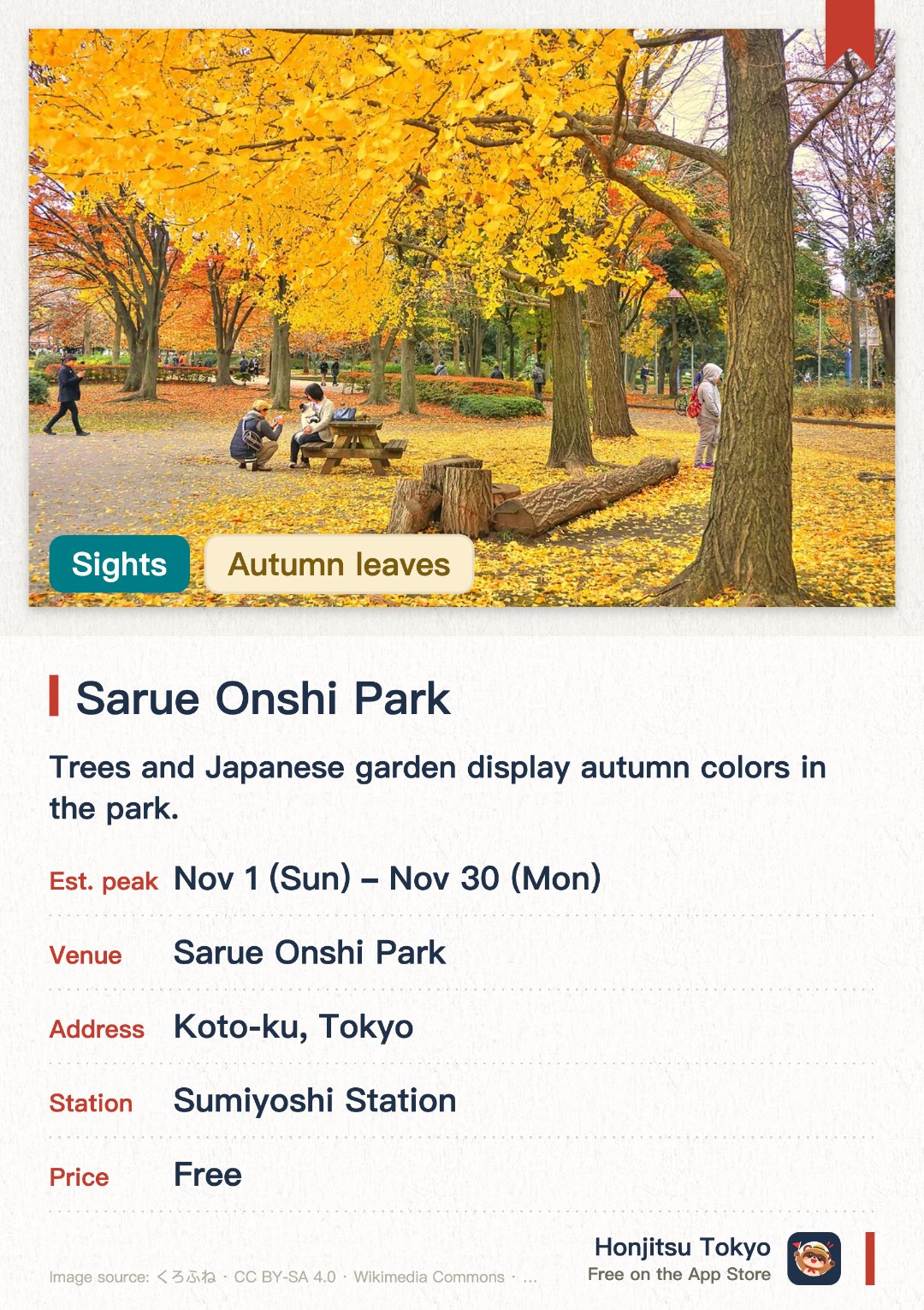 Sarue Onshi Park. 1 Nov–30 Nov · Sarue Onshi Park. Trees and Japanese garden display autumn colors in the park.. Two separate zones: south area features a traditional garden; north area has sports facilities and open spaces.