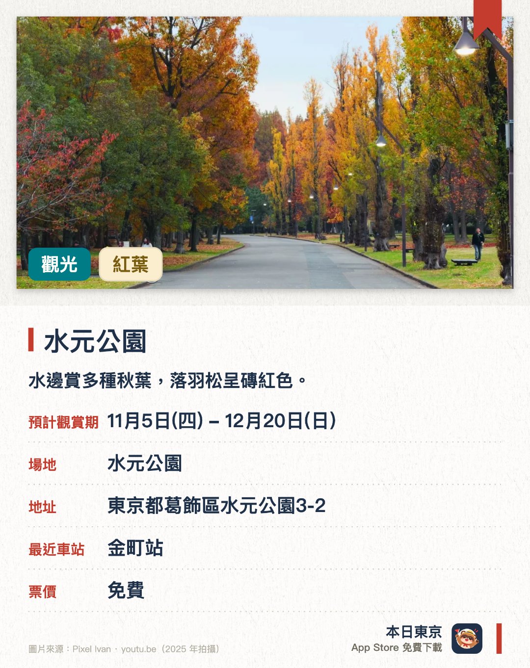 水元公園。11月6日–12月20日 · 水元公園。水邊賞多種秋葉，落羽松呈磚紅色。。園內最寬闊的水鄉公園。