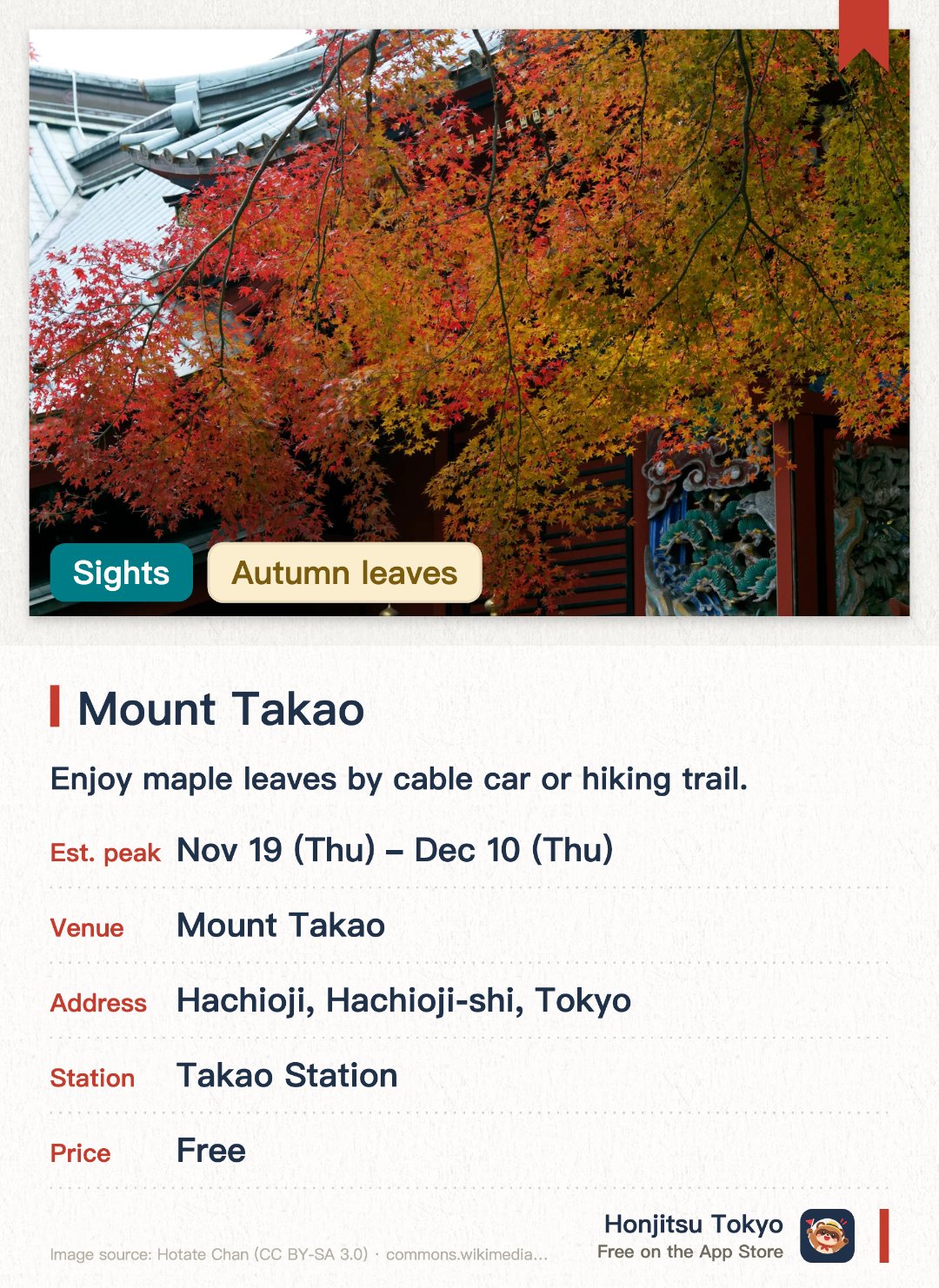 Mount Takao. 19 Nov–10 Dec · Mount Takao. Enjoy maple leaves by cable car or hiking trail.. Peak foliage season lasts about one month.