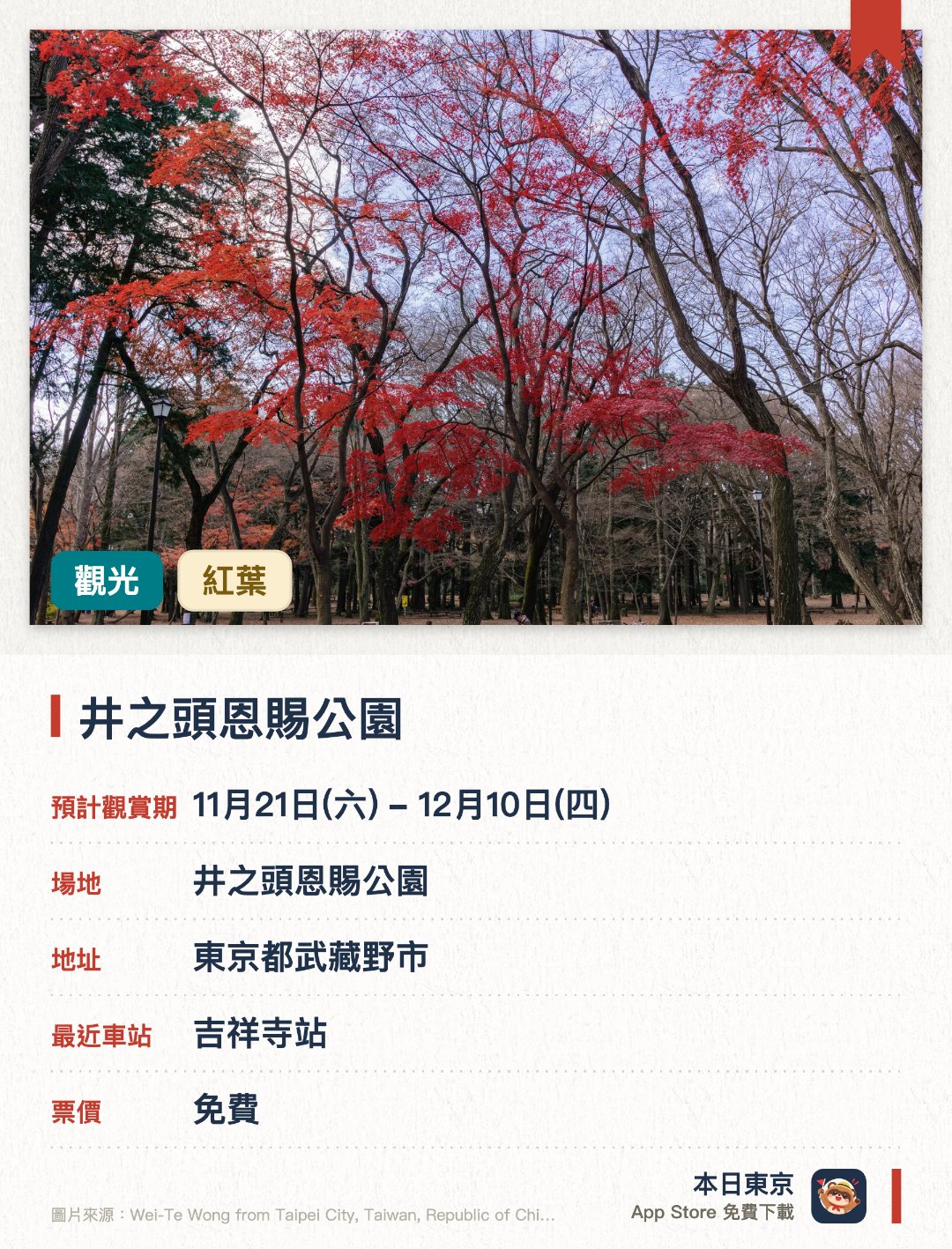 井之頭恩賜公園。11月21日–12月10日 · 井之頭恩賜公園