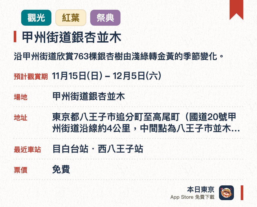 甲州街道銀杏並木。11月15日–12月5日 · 甲州街道銀杏並木。沿甲州街道欣賞763棵銀杏樹由淺綠轉金黃的季節變化。。銀杏變色期間舉辦「銀杏祭」，由市民主辦。