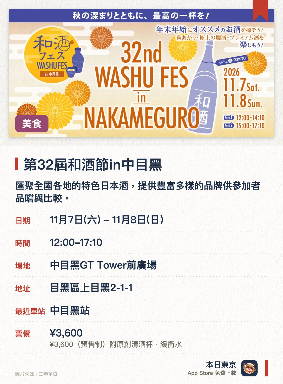 第32屆和酒節in中目黑。指定日子 · 下一場 11月7日 · 中目黑GT Tower前廣場。匯聚全國各地的特色日本酒，提供豐富多樣的品牌供參加者品嚐與比較。設有專業的品酒環節，讓遊客深入體驗日本酒的香氣與口感差異