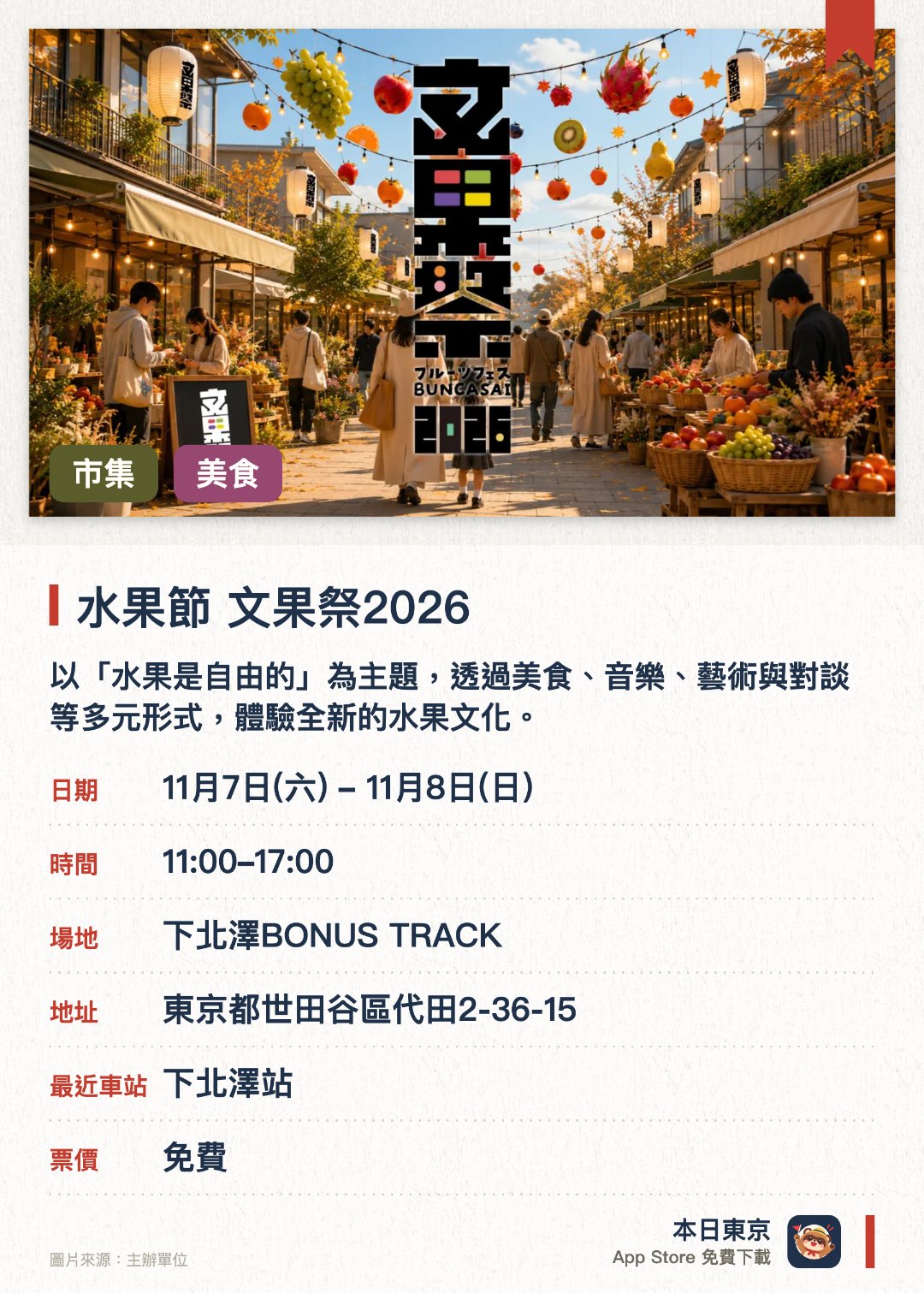 水果節 文果祭2026。11月7日–11月8日 · 下北澤BONUS TRACK。以「水果是自由的」為主題，透過美食、音樂、藝術與對談等多元形式，體驗全新的水果文化。現場設有市集與工作坊，匯聚各類與水果相關的豐富內容與手作體驗