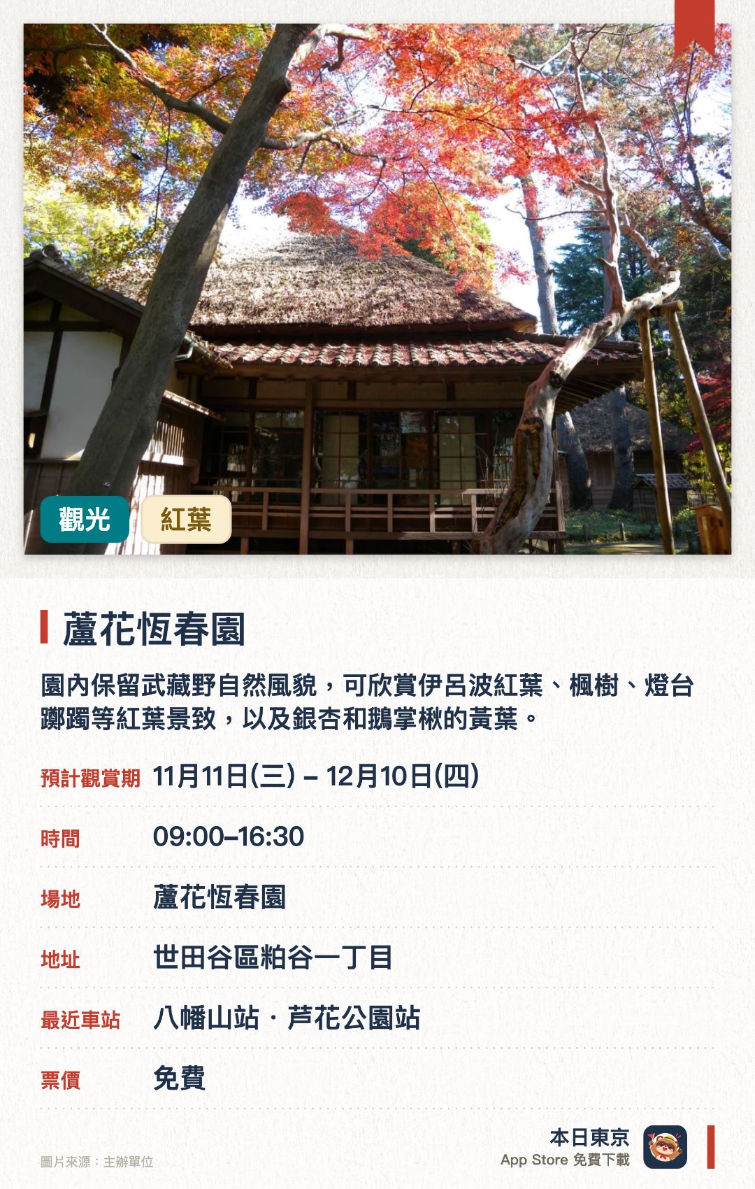蘆花恆春園。11月11日–12月10日 · 蘆花恆春園。園內保留武藏野自然風貌，可欣賞伊呂波紅葉、楓樹、燈台躑躅等紅葉景致，以及銀杏和鵝掌楸的黃葉。前身為大正時代文豪德富蘆花的舊居與庭園，結合周邊擴建而成，腹地內設有花之丘及休閒設施